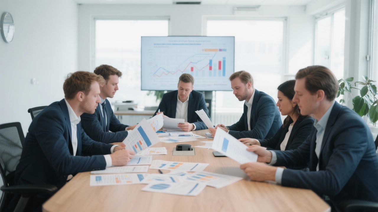 Professional consultants collaborating around a large table reviewing Dutch market expansion strategy documents in a bright office space
