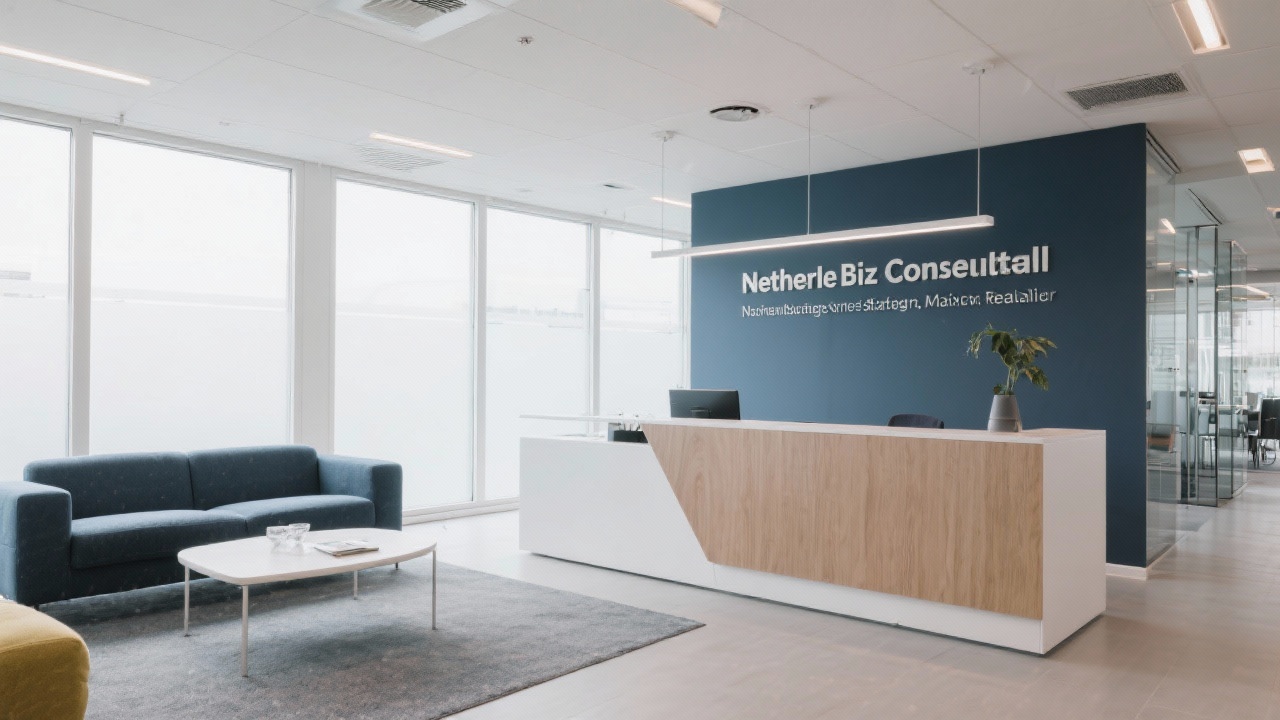 Modern office reception area with clean design where Netherlands BizConsult welcomes Dutch business leaders for strategic meetings