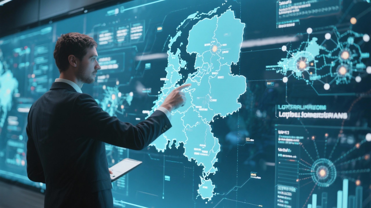 Consultant pointing at Netherlands growth map on transparent digital screen highlighting expansion hotspots and logistics hubs