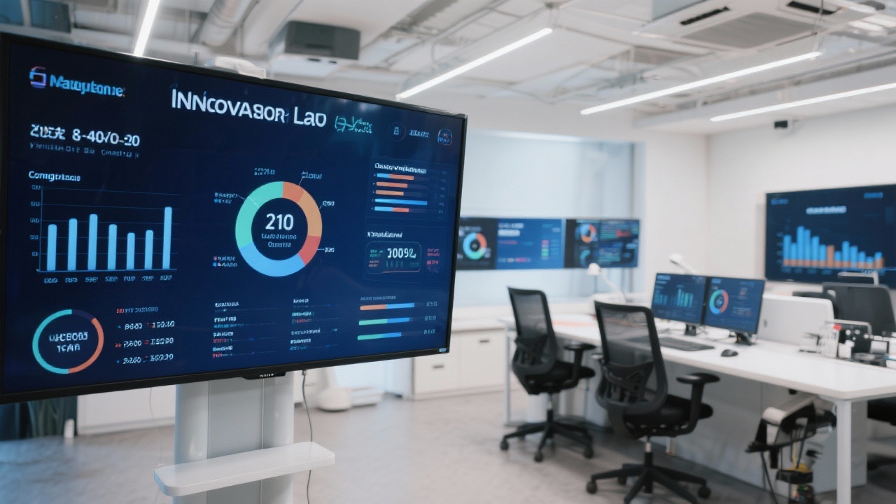 Modern innovation lab with digital screens showcasing performance metrics and consultants configuring cloud-based solutions for Dutch clients