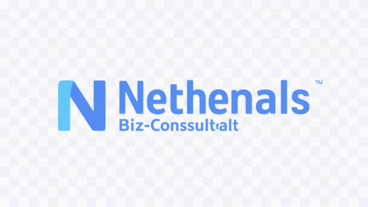Simple geometric wordmark logo for Netherlands BizConsult in royal blue on transparent background