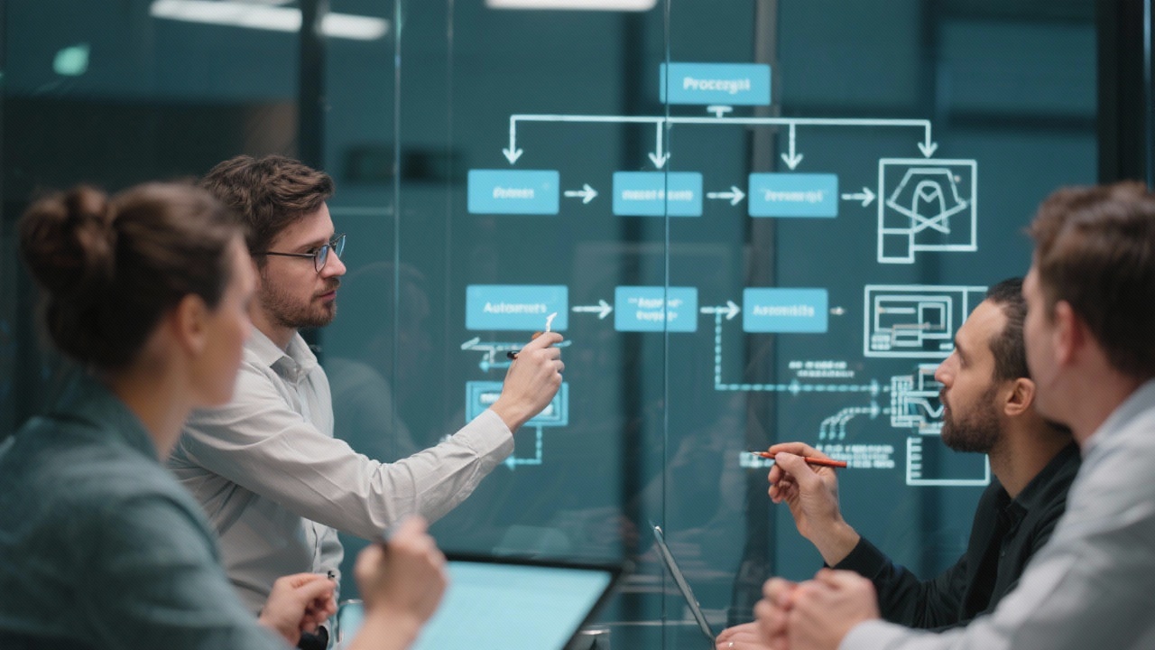 Close-up shot of process flowcharts and automation diagrams projected on glass wall with consultants annotating steps during workshop