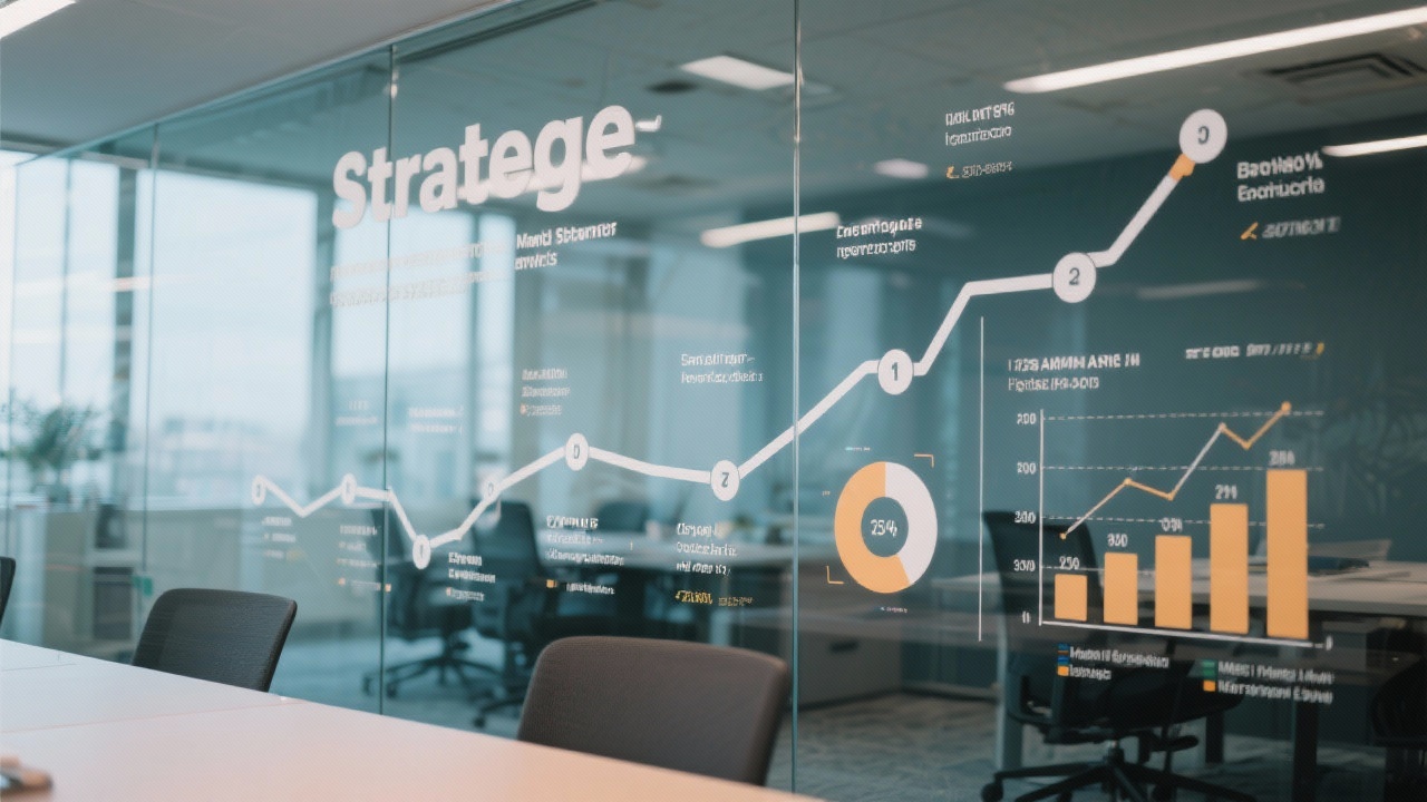 Strategic roadmap illustration with milestones and performance charts displayed on glass wall in modern Dutch office